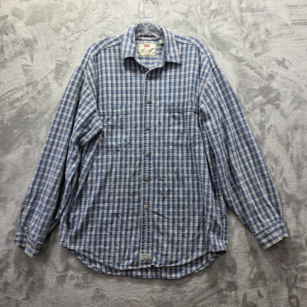 Levis Shirt Mens Medium Blue Plaid Button Up Long Sleeve Cotton Casual Woven